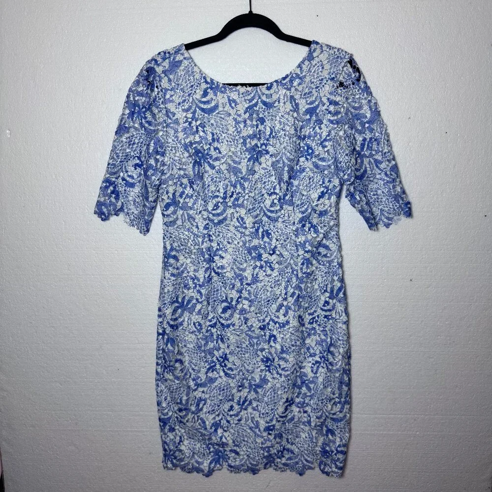 Antonio Melani Womens Size 8 Blue White Lace Floral Sheath Dress Scalloped Hem - Picture 1 of 12